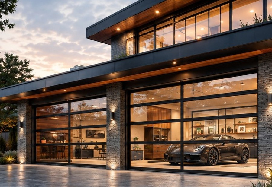 Evening view of a glazed garage entrance