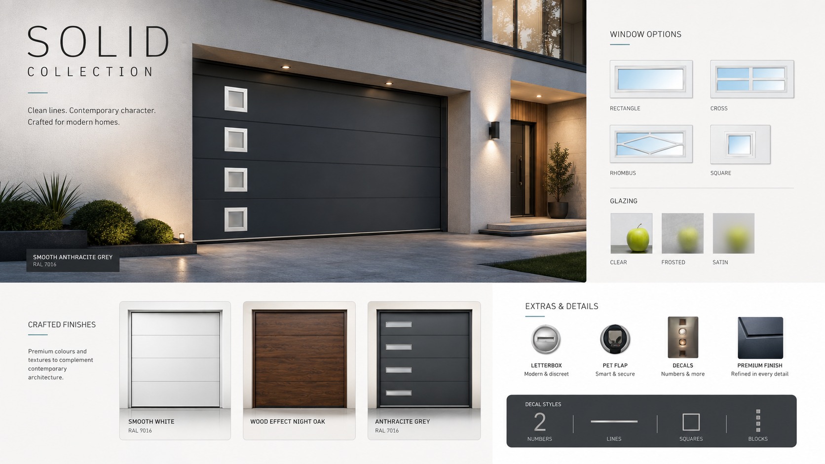 Modern overview of Solid garage door finishes, window styles and premium details