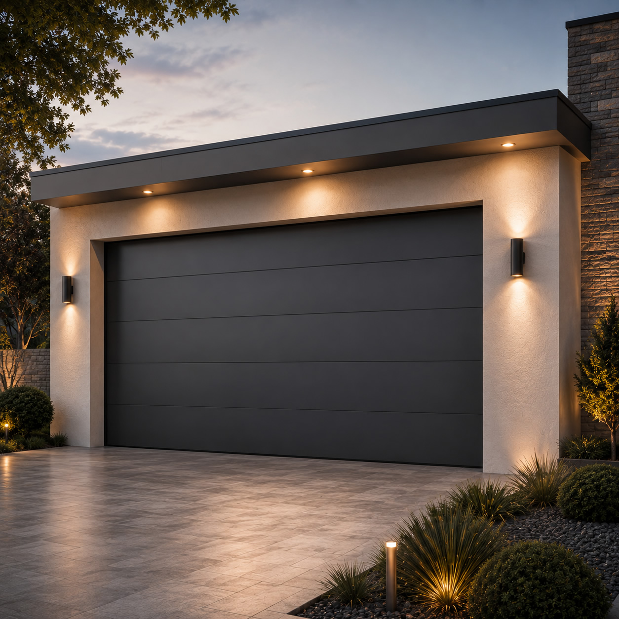 Modern home with a dark solid sectional garage door