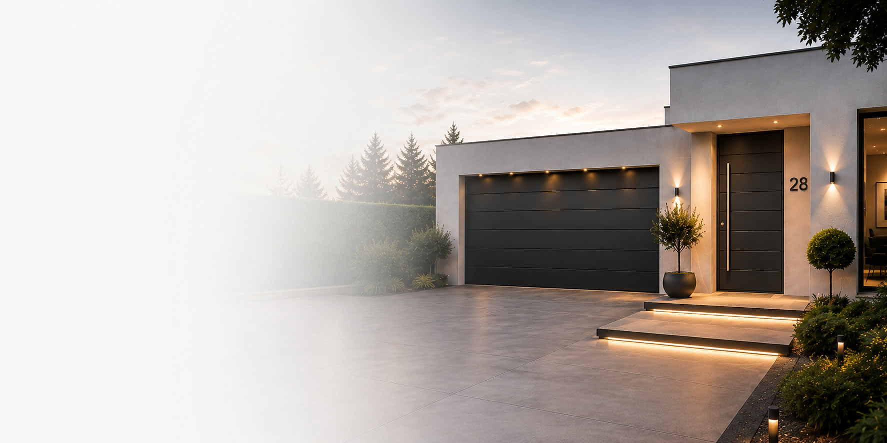 Modern home with matching entrance and garage doors